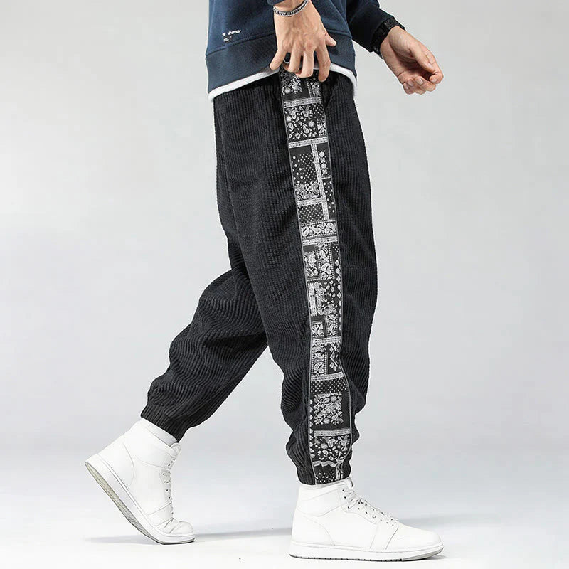 Buddha Stones Fall Solid Drawstring Side Paisley Pattern Straight Leg Ankle-length Corduroy Men's Pants With Pockets