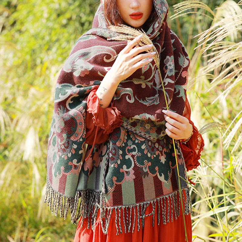 Buddha Stones Jacquard Ethnic Paisley Plants Pattern Tassel Soft Thermal Scarf Shawl