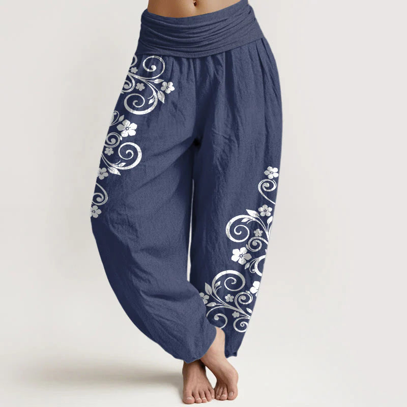 Buddha Stones Pure Cotton Elegant Vine Flower Pattern Women's Elastic Waist Harem Pants