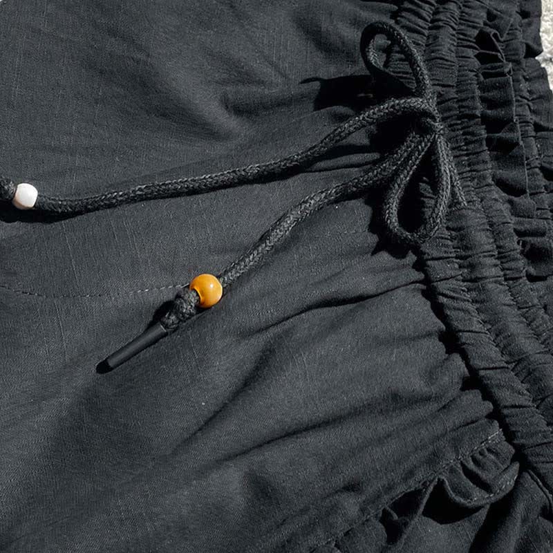 Buddha Stones Summer Drawstring Ruffle Elastic Waist Women's Shorts With Pockets