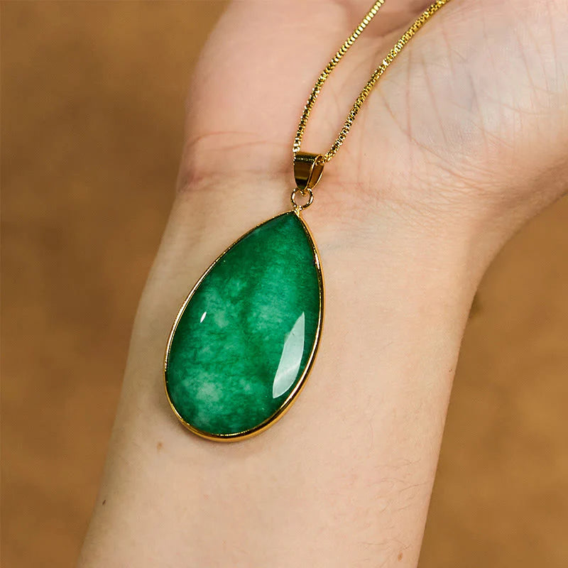 Buddha Stones Green Jade Water Drop Pattern Abundance Necklace Pendant