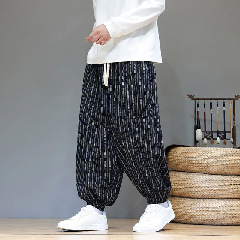 Buddha Stones Fall Striped Pattern Drawstring Men's Harem Corduroy Pants With Pockets
