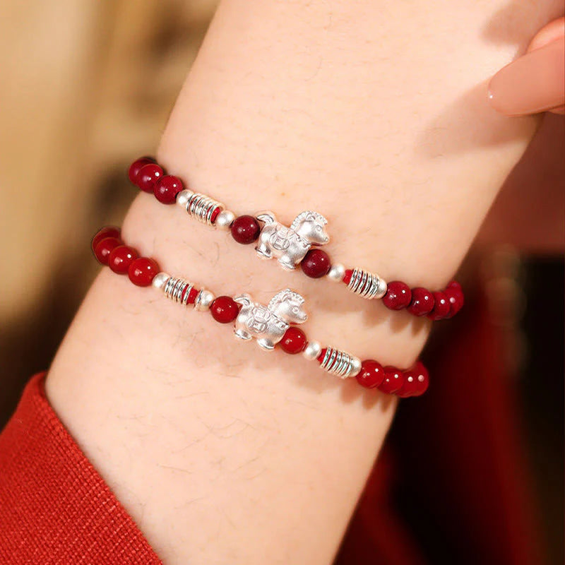 Buddha Stones Year Of The Horse Red Agate 999 Sterling Silver Cinnabar Calm Bracelet
