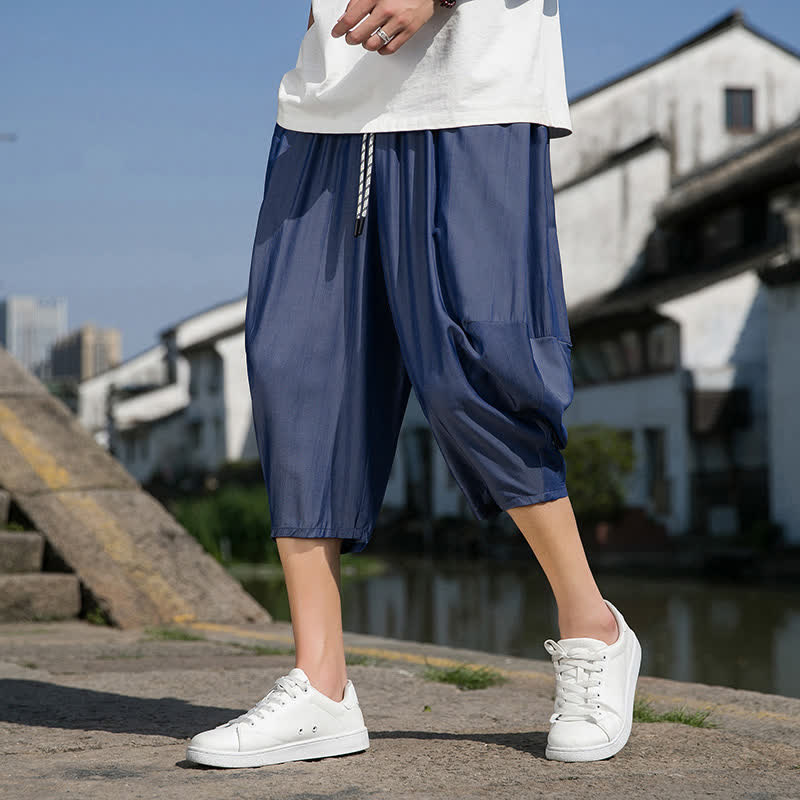 Buddha Stones Summer Elastic Waist Drawstring Solid Color Half Men's Tapered Pants With Pockets
