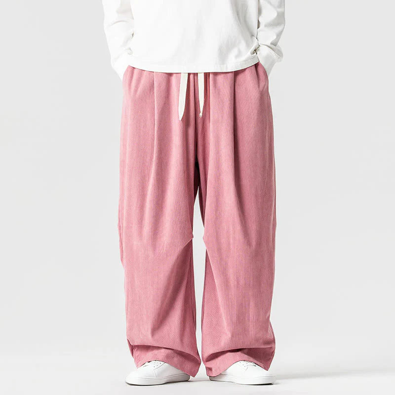 Buddha Stones Winter Drawstring Corduroy Cotton Men's Wide Leg Pants With Pockets