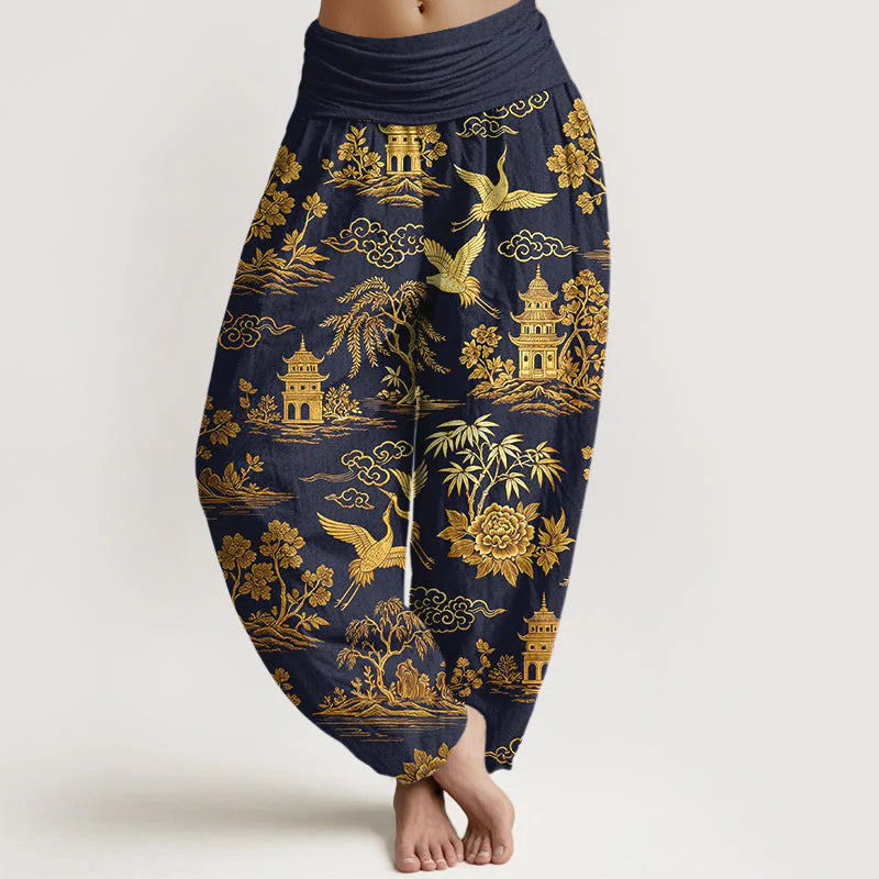 Buddha Stones Cotton Gorgeous Tree Crane Architecture Cloud Peony Pattern Women's Elastic Waist Harem Pants