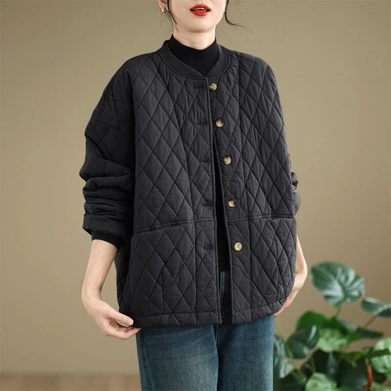 Buddha Stones Diamond Grid Pattern Women's Long Sleeve Cotton Thickened Jacket With Pockets