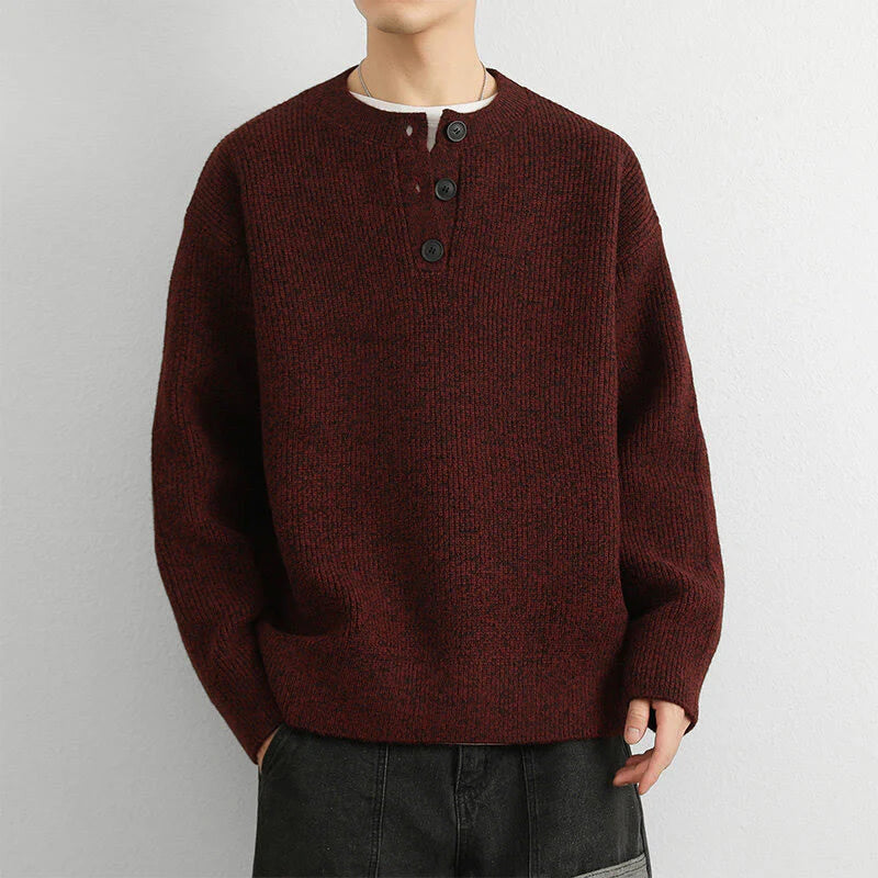 Buddha Stones Winter V-Neck Buttons Ribbed Design Warm Men's Long Sleeve Knitted Sweater