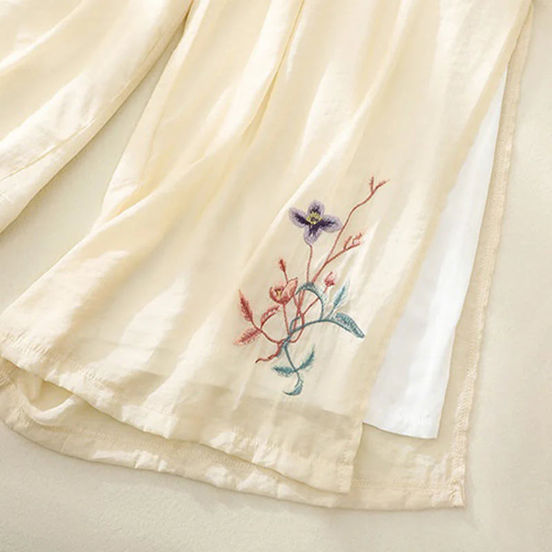 Buddha Stones Artistic Embroidery Flower Double Layer Chinese Frog Button Split Cotton Linen Women's Wide Leg Pants