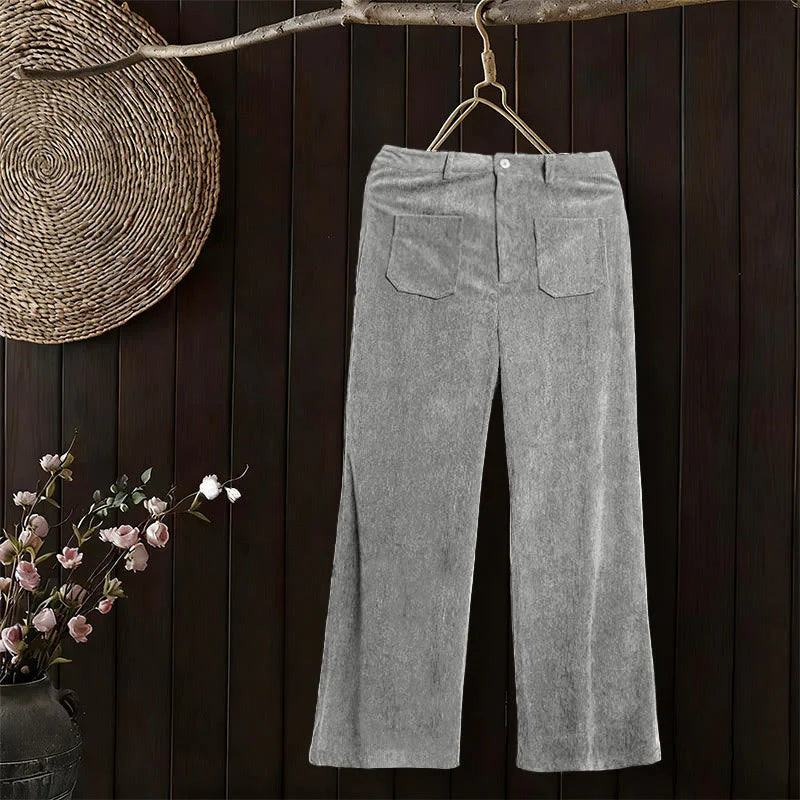 Buddha Stones Plain Corduroy Polyester Women's Buttons Wide Leg Pants With Pockets