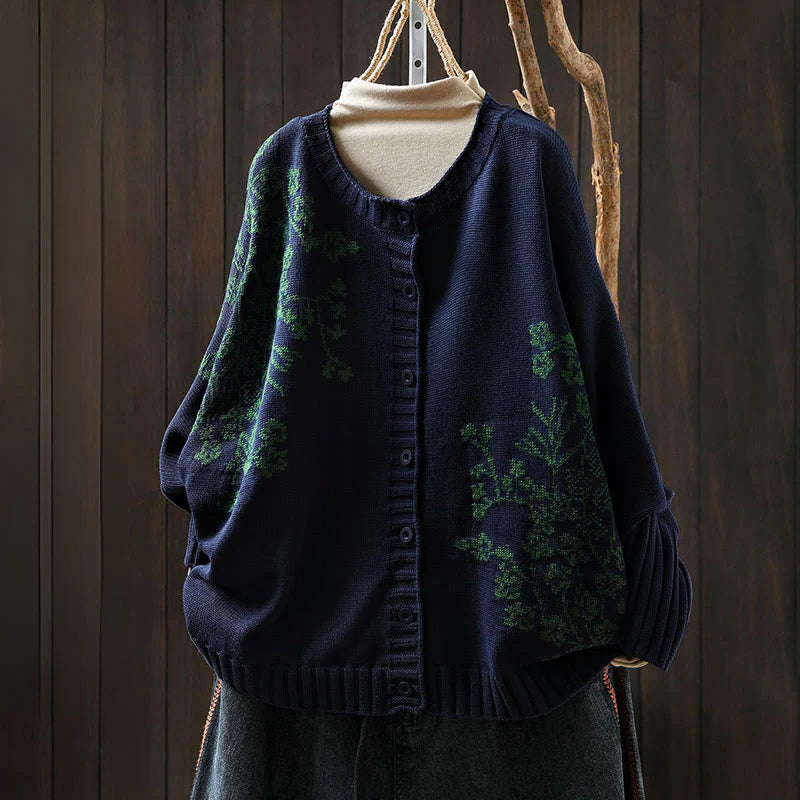 Buddha Stones Floral Buttons Cotton Women's Long Batwing Sleeve Knitted Cardigan