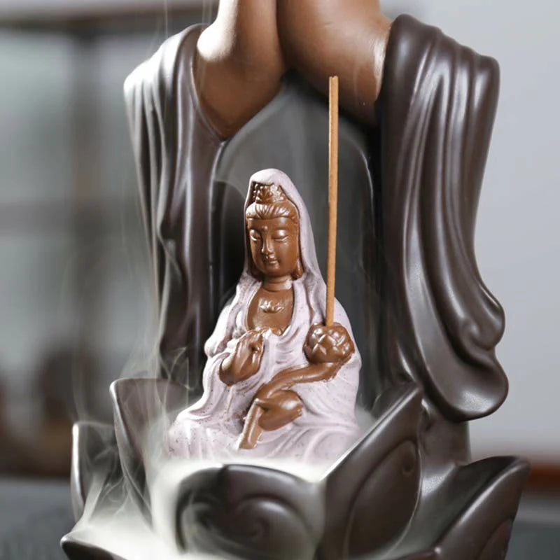 Buddha Stones Buddha Avalokitesvara Chenrezig Ksitigarbha Ceramic Lotus Blessing Backflow Incense Burner