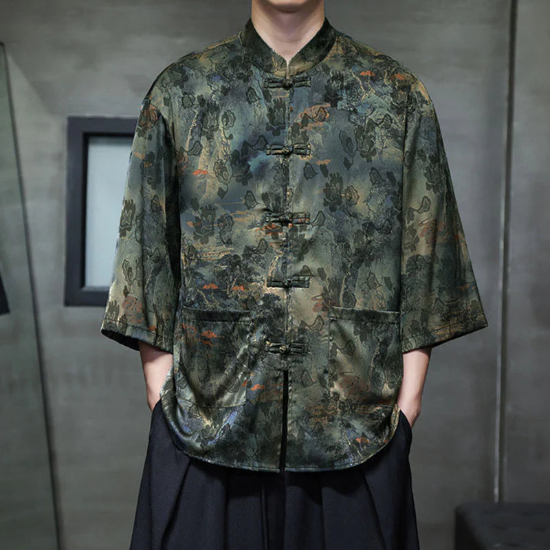 Buddha Stones Spring Frog-Button Dragon Mountain Flower Three Quarter Sleeve Tang Suit Men's Shirt With Pockets