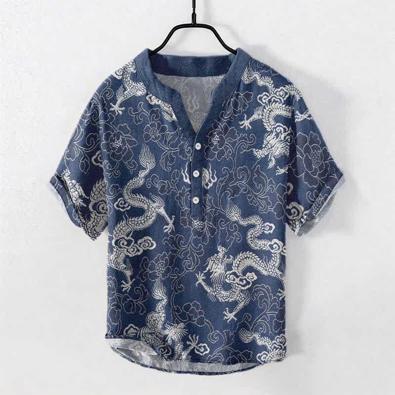 Buddha Stones Cotton Dragon Lotus Pattern Men's Short Sleeve Half Button Shirt