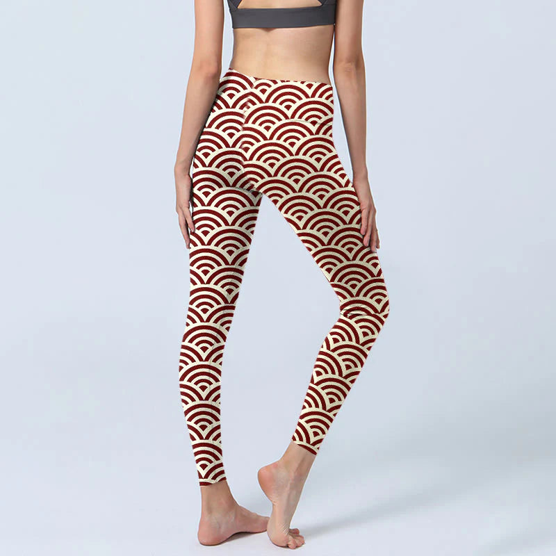 Buddha Stones Red Beige Fan Shapes Print Gym Leggings Women's Yoga Pants