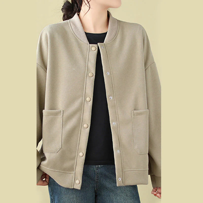 Buddha Stones Plain Women's Buttons Crew Neck Long Sleeve Cotton Jacket With Pockets