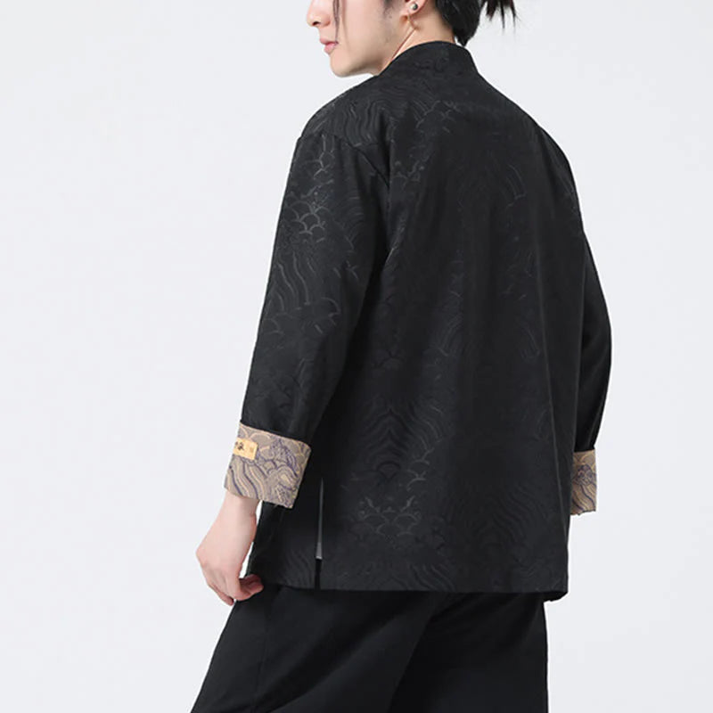 Buddha Stones Frog-Button Mountain Wave Pattern Long Sleeve Men's Cotton Jacket With Pockets