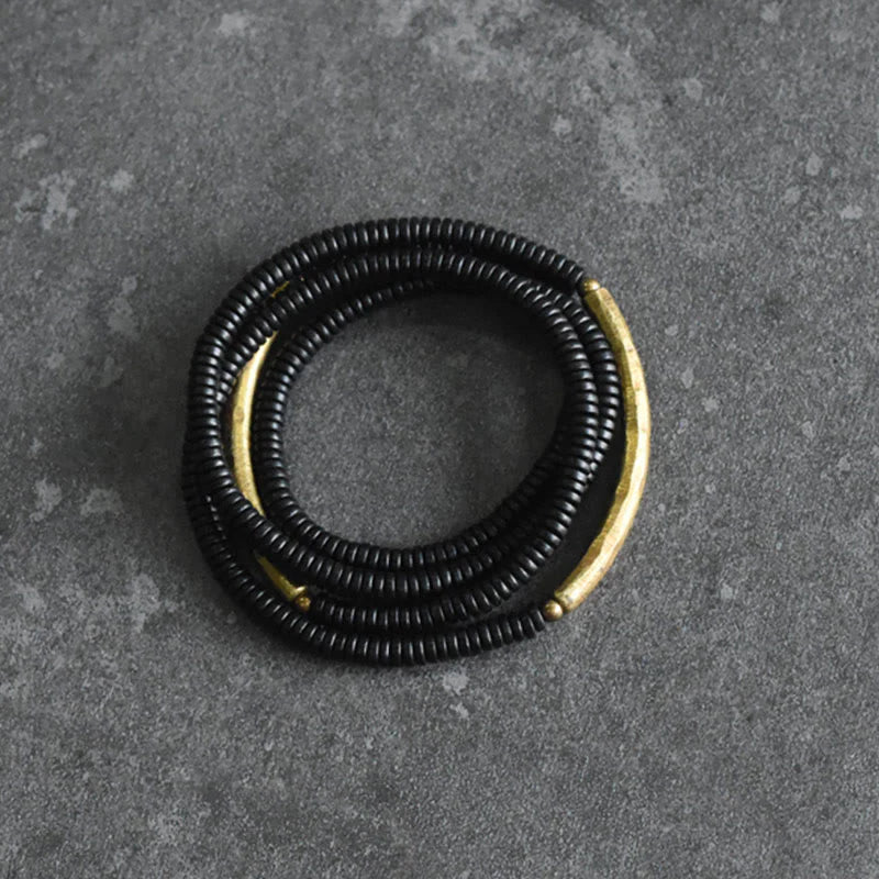 Buddha Stones Ebony Wood Brass Copper Balance Multilayered Bracelet