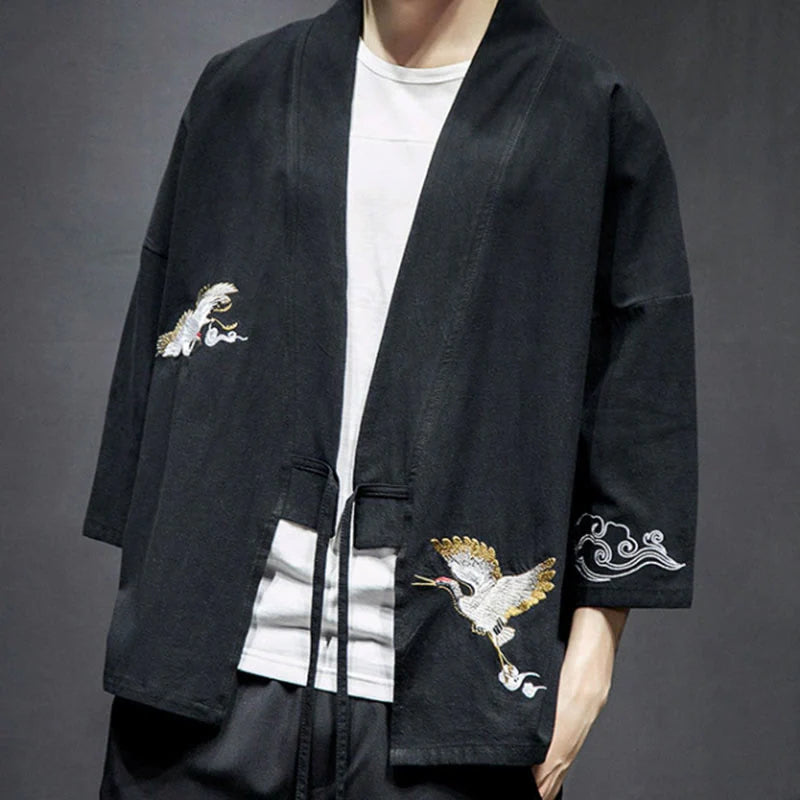 Buddha Stones Embroidery Open Front Jacket Cotton Linen Men's Three Quarter Sleeve Kimono