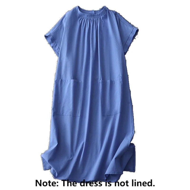 Buddha Stones Casual Pure Color Back Buttons Design Crew Neck Short Sleeve Cotton Linen Midi Dress With Pockets