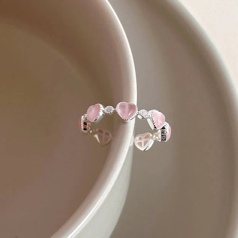 Buddha Stones 925 Sterling Silver Pink Cat's Eye Heart Design Adjustable Love Ring