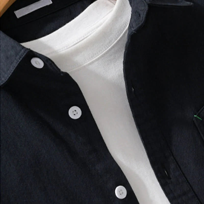 Buddha Stones Solid Buttons Down Decorative Pocket Men's Stand Collar Long Sleeve Cotton Shirt