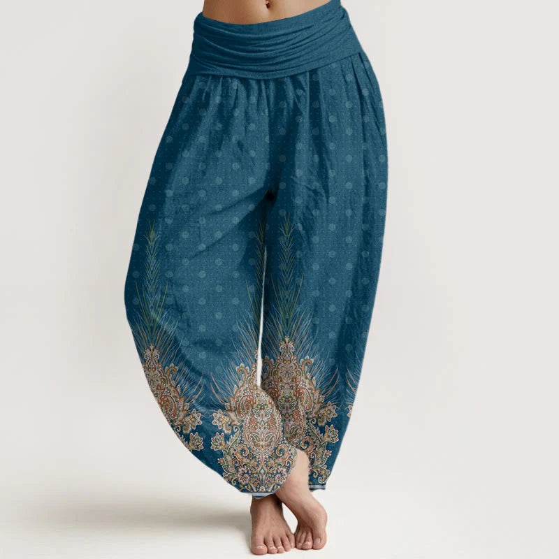 Buddha Stones Cotton Ethnic Peacock Floral Pattern Women's Elastic Waist Harem Pants