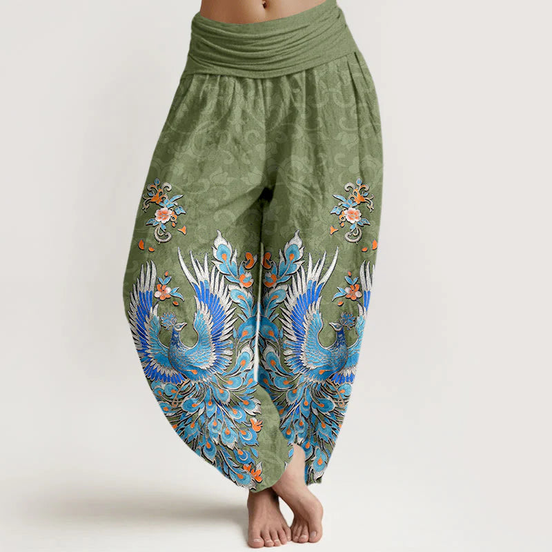 Buddha Stones Cotton Phoenix Peach Blossom Pattern Women's Elastic Waist Harem Pants
