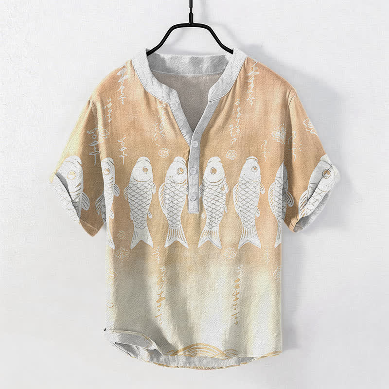 Buddha Stones Cotton Koi Fish Emblem Men's Short Sleeve Half Button Shirt