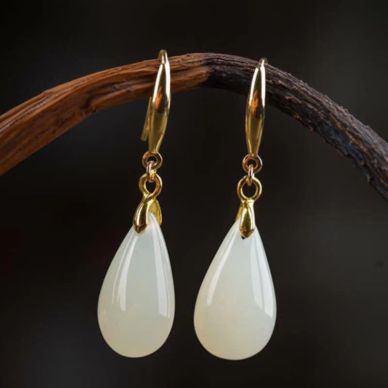 Buddha Stones Hetian White Jade Water Drop Luck Blessing Dangle Earrings (Extra 30% Off | USE CODE: FS30)