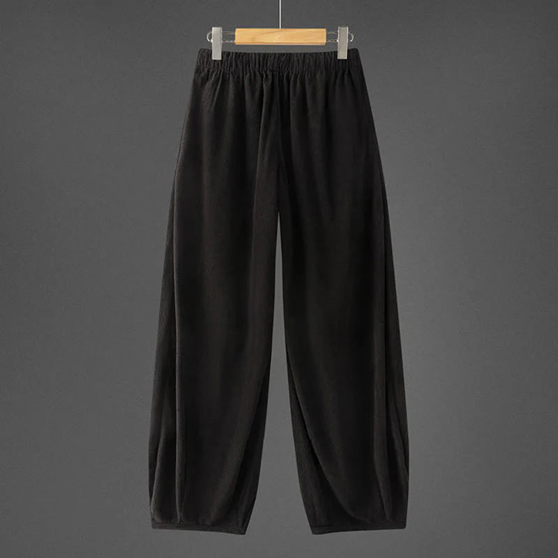 Buddha Stones Winter Men's Drawstring Plain Elastic Waistband Design Corduroy Pants With Pockets