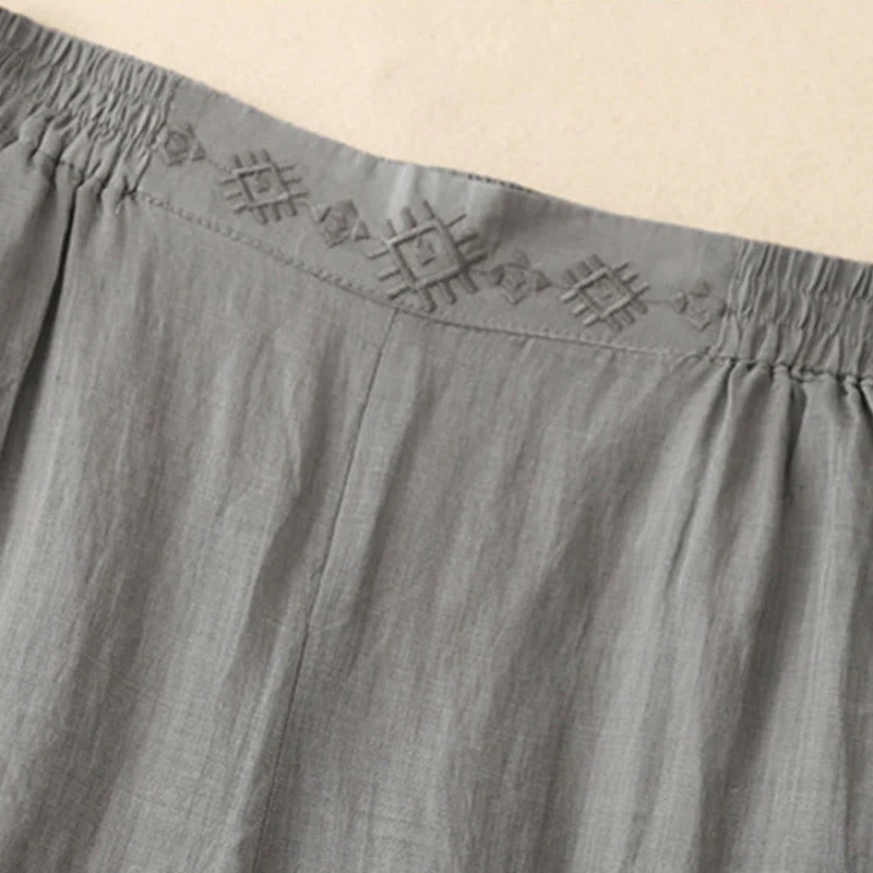 Buddha Stones Geometric Embroidery Elastic Waist Women's Cotton Linen Wide Leg Pants With Pockets