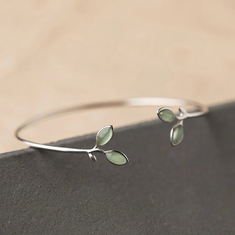 Buddha Stones Leaf Pattern Cat Eye Support Cuff Bracelet Bangle