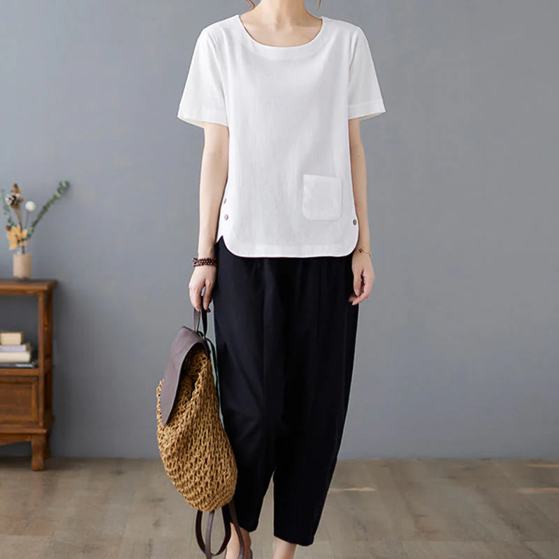 Buddha Stones Side Slit Design Women's Cotton Linen Crew Neck Short Sleeve T-Shirt Wtih Pocket