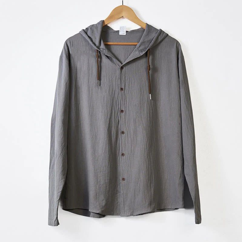 Buddha Stones Solid Color Long Sleeve Hooded Drawstring Buttons Cotton Men's Shirt