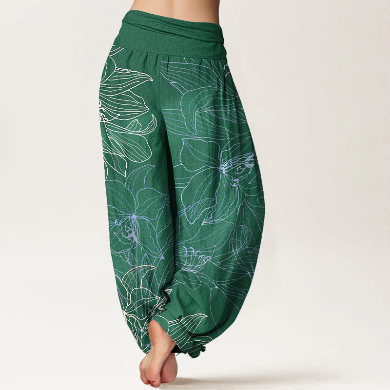 Buddha Stones Pure Cotton Minimalist Style Flower Pattern Women's Elastic Waist Harem Pants