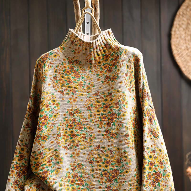 Buddha Stones Women's Knitted Floral Cotton Ribbed Hem Long Sleeve Mock Neck Sweater