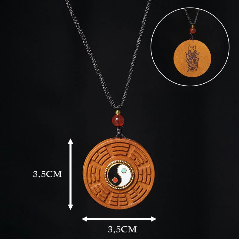 Buddha Stones Lightning Struck Jujube Wood Yin Yang Bagua Luck Necklace Pendant