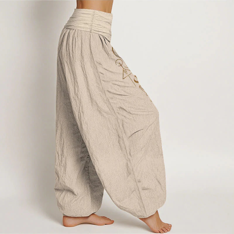 Buddha Stones Pure Cotton Concise Sun Moon Geometric Pattern Women's Elastic Waist Harem Pants