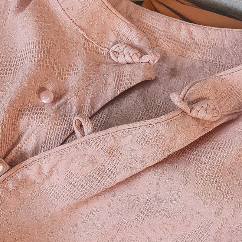 Buddha Stones Commute Jacquard Chinese Frog-Button Mandarin Collar Long Sleeve Women's Cotton Shirt