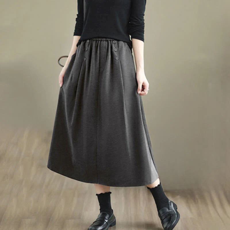 Buddha Stones Women's Winter Pure Color Cotton 7-8 Length Elastic Waistband Skirt With Pockets