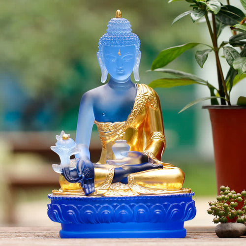 Buddha Stones Medicine Buddha Handmade Liuli Crystal Art Piece Compassion Statue Home Office Offering Decoration