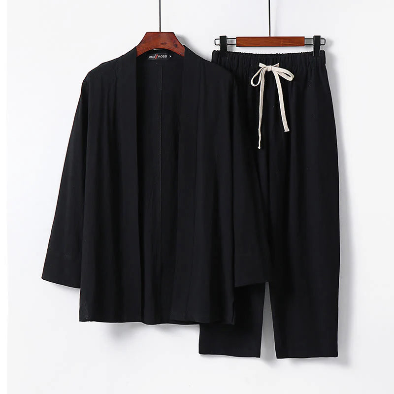 Buddha Stones 2Pcs Cotton Kimono Ankle-Length Pants Men's Meditation Cloth Set