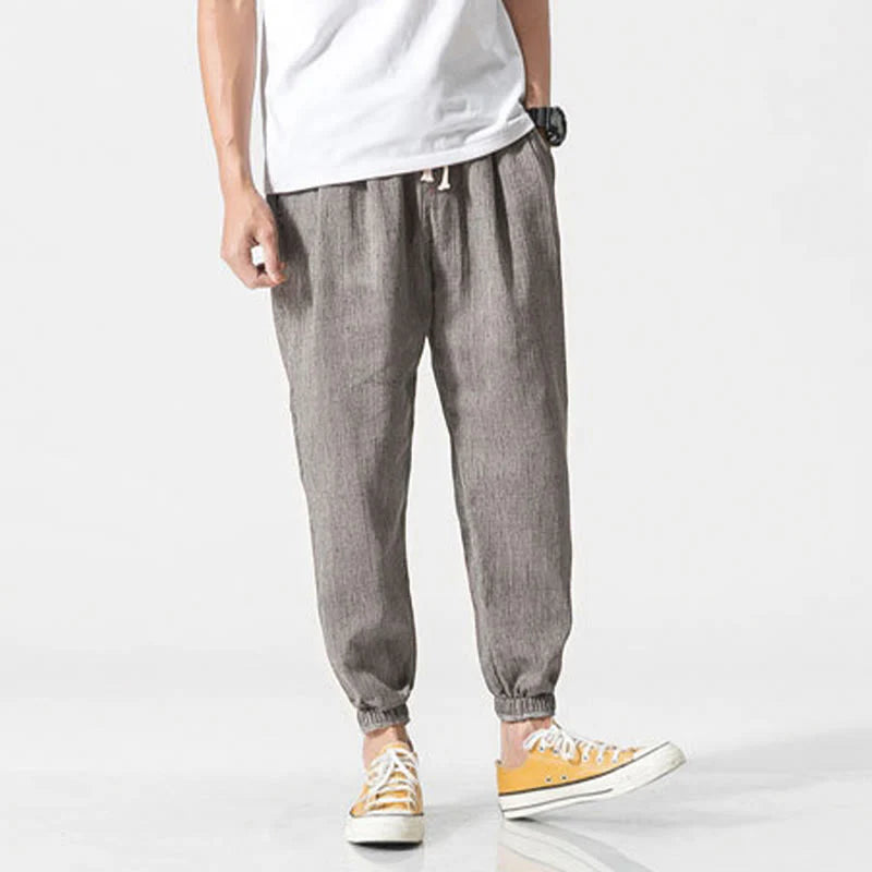 Buddha Stones Simple Drawstring Design Linen Men's Pants With Pockets