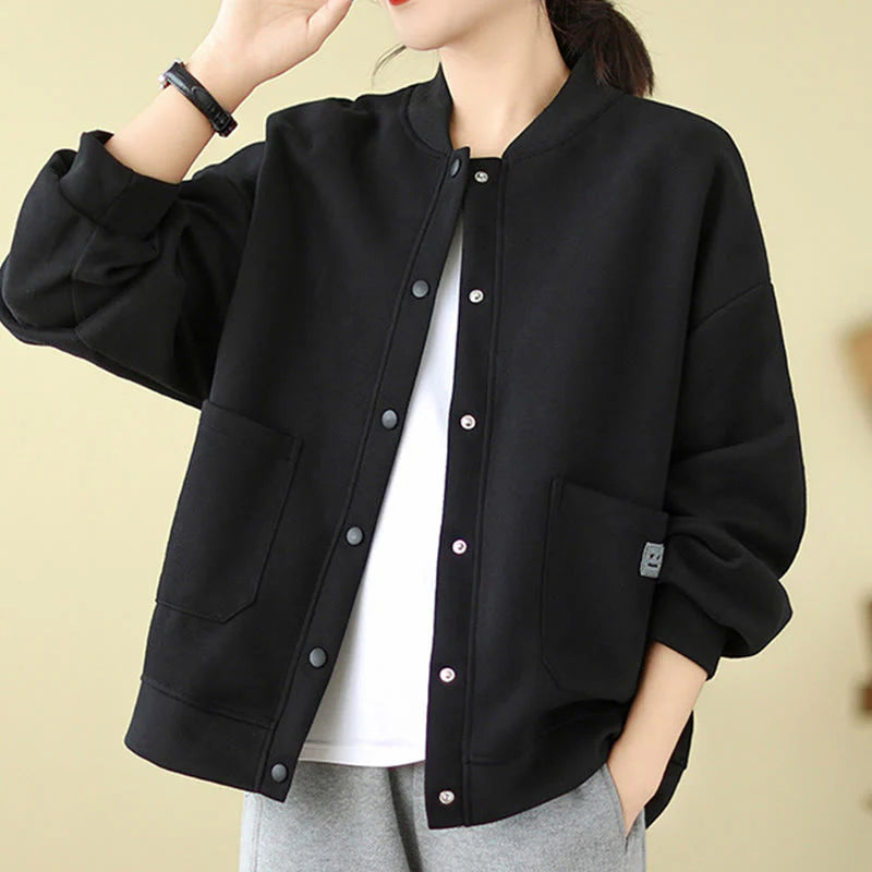 Buddha Stones Plain Women's Buttons Crew Neck Long Sleeve Cotton Jacket With Pockets