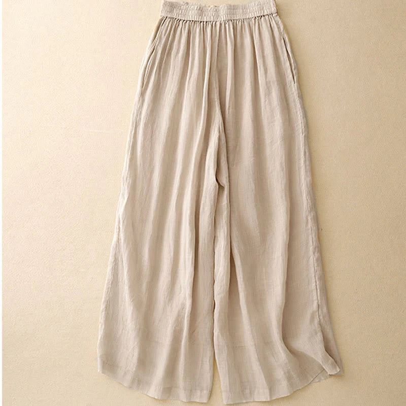 Buddha Stones Geometric Embroidery Elastic Waist Women's Cotton Linen Wide Leg Pants With Pockets