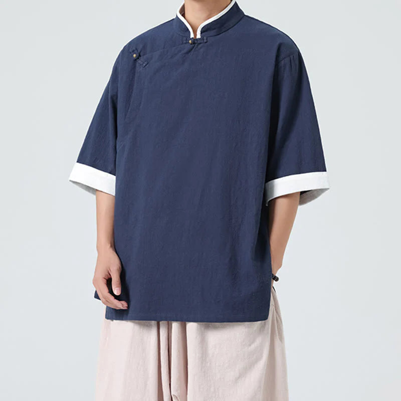 Buddha Stones Vintage Spring Color Matching Collar Slanted Placket Design Men's Half Sleeve Cotton Linen Shirt
