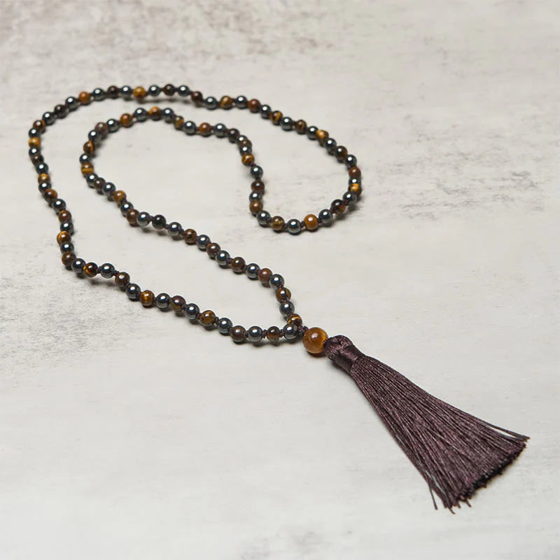 Buddha Stones 108 Beads Tiger Eye Hematite Tassel Courage Strength Mala