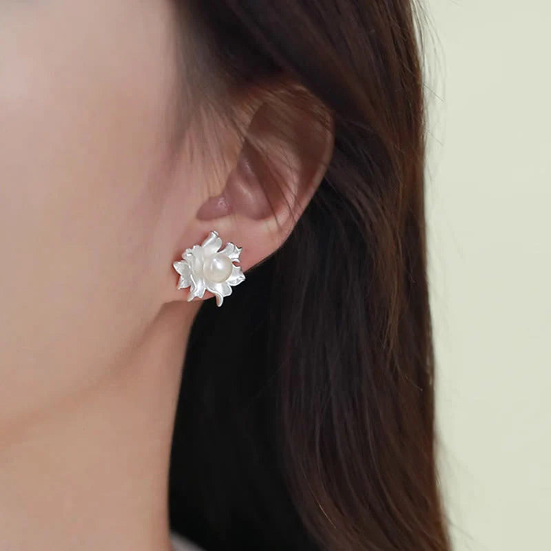 Buddha Stones Natural Pearl Copper Flower Healing Stud Earrings