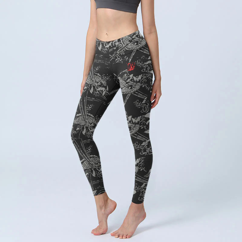 Buddha Stones Black Koi Fish Pattern Print Gym Leggings Women's Yoga Pants